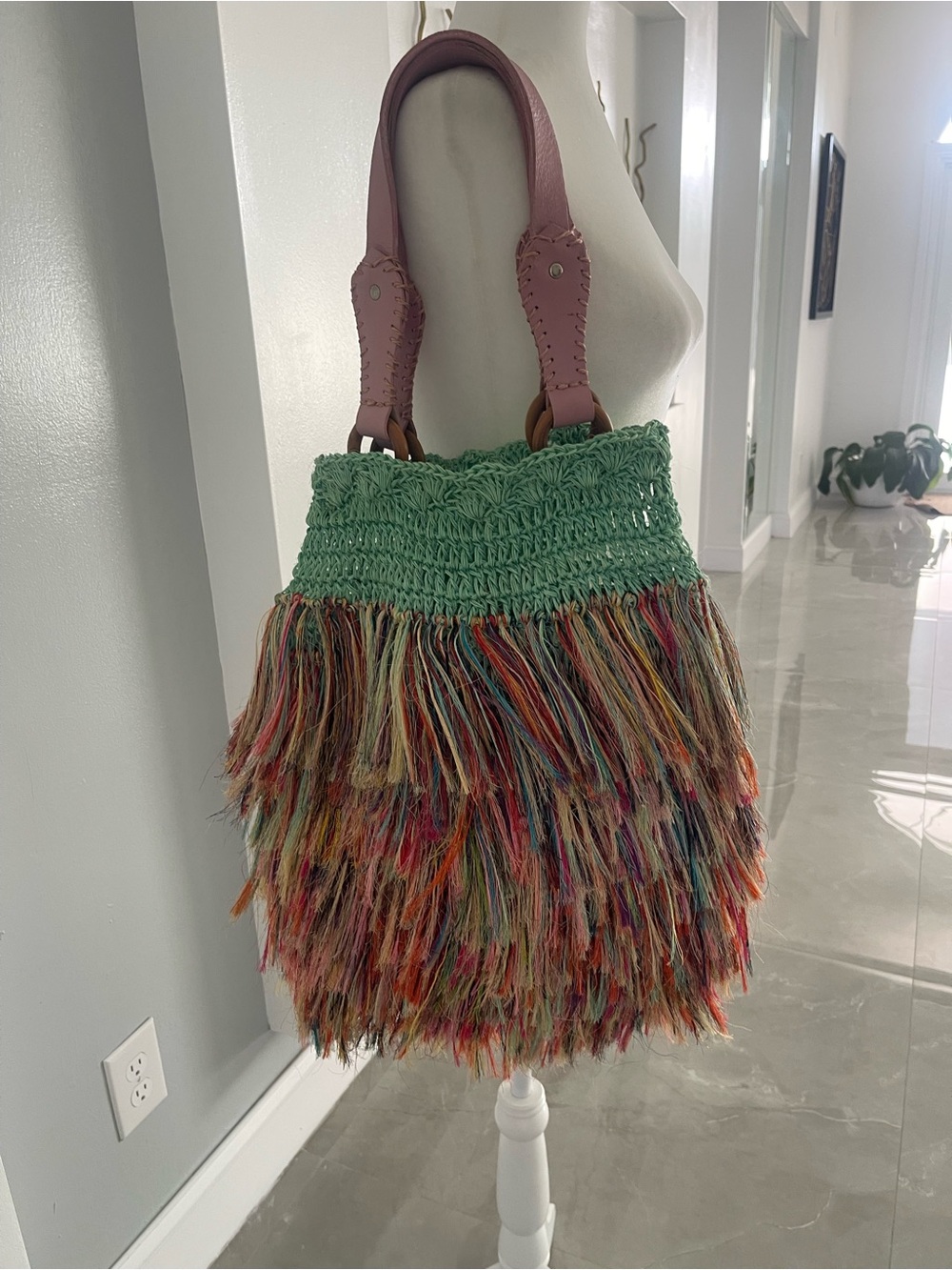 Green Crochet Tote with Multicolor Fringe and Pink Handles